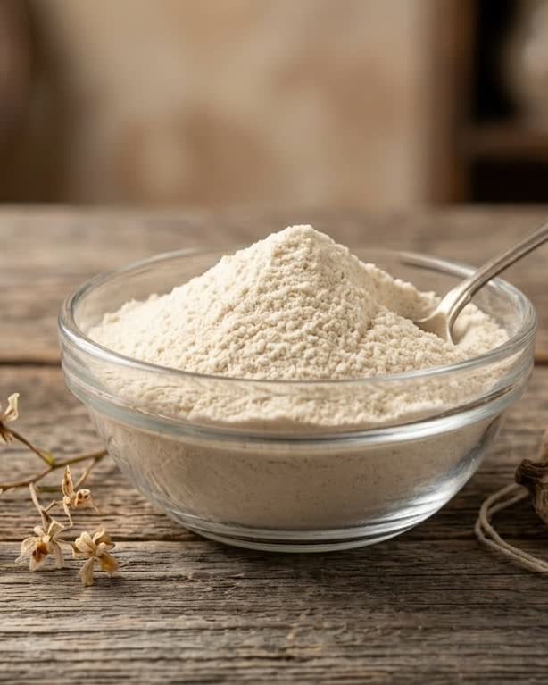 Finely ground salep powder in a glass bowl on a wooden bench, with dried orchid flowers alongside.