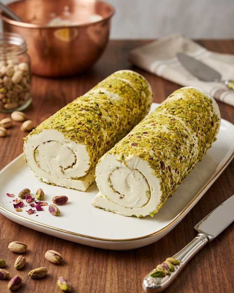 Thick rolls of Ashta booza, dense and white, crusted in chopped pistachios and cut to show the spiral inside.